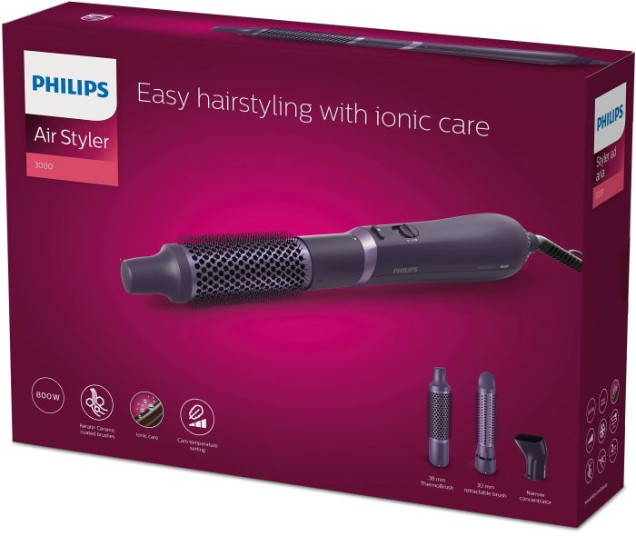 Фен-щетка Philips 3000 Series, 800Вт, ионизация, 3 насадки , фиолетовый