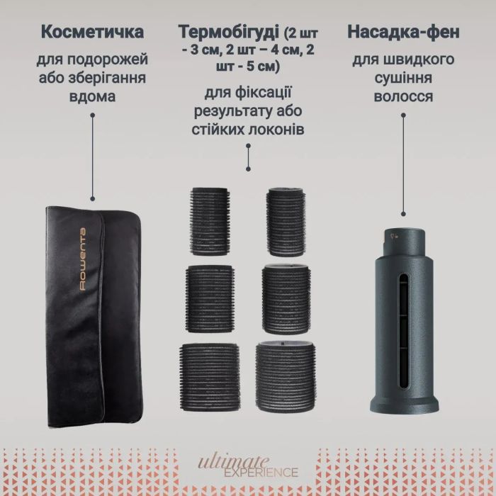 Фен-щітка Rowenta Air Rotate, 1300Вт, 4 режими, іоніз-я, хол. обдув, функція фену, 3 насадки, кераміка, чорно-золотий