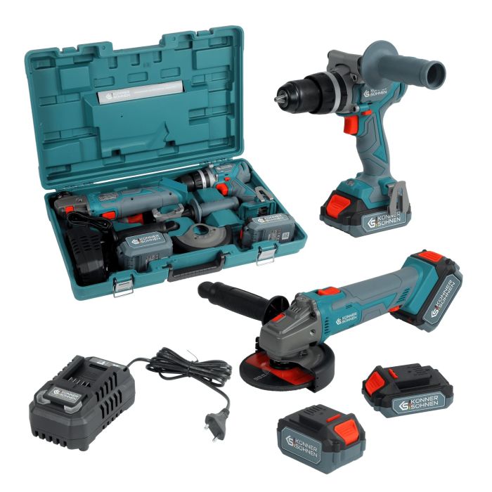 Набор из двух аккумуляторных инструментов Konner&Sohnen KS IDAGB 20V SET 1 20В дрель ударная, шлифмашина угловая, быстрый ЗП 2.4А акб 1х2А·час+1х4А·час кейс 3кг