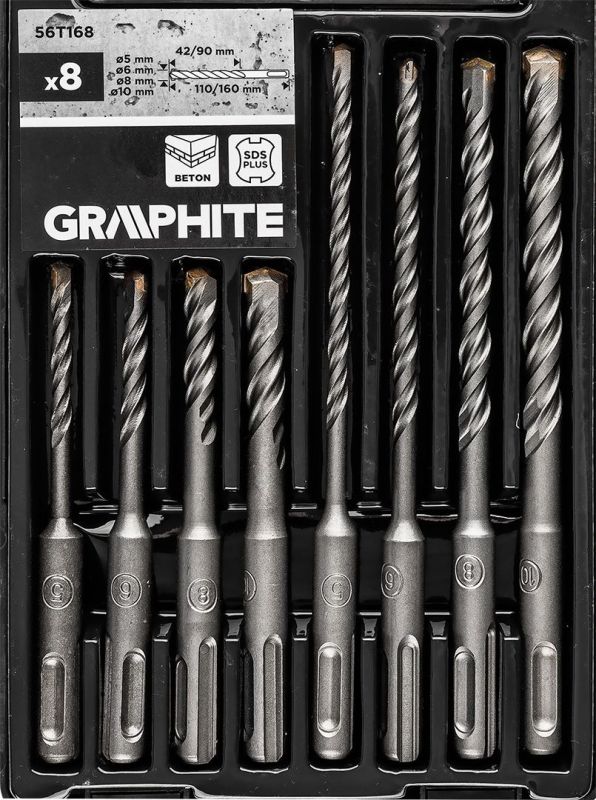 Набір свердел по бетону GRAPHITE SDS Plus 5x6x8х110мм, 5х6x8x10x160мм, кейс, 8шт