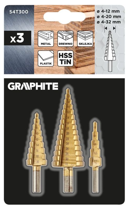 Свердло ступінчасте GRAPHITE TiN, 4x12/20/32мм, набір 3шт, 0.22кг