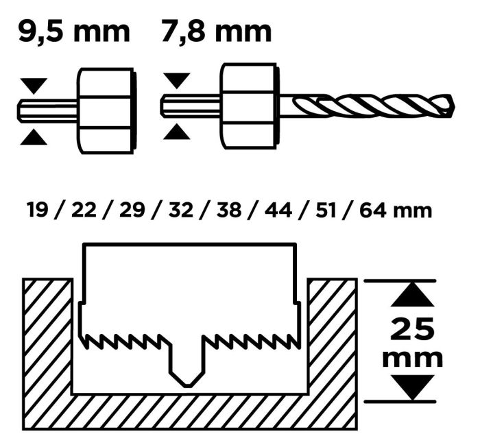 Коронки по дереву GRAPHITE 19, 22,29,32,38,44,51,64мм, 2 адаптери, кейс 12шт