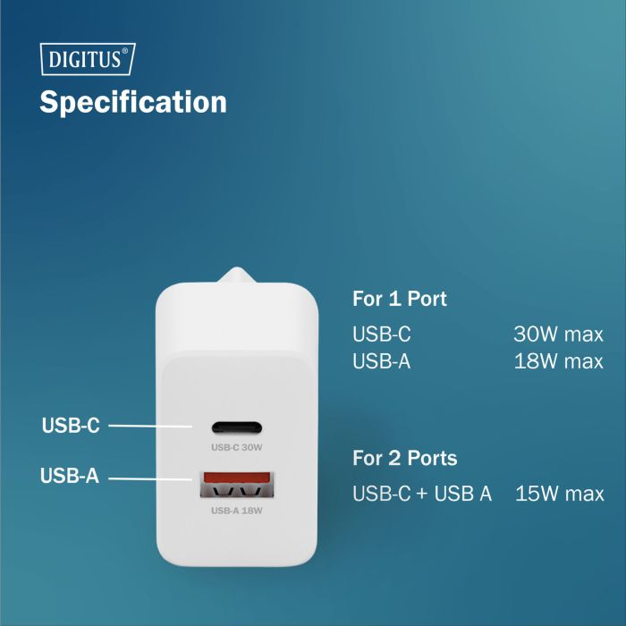 Зарядний пристрій DIGITUS GaN 1хUSB-C, 1хUSB-A, 30W