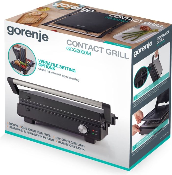 Гриль Gorenje прижимной 2000Вт, темп. режимов-7, съёмные пластины, раскрытие на 180°, металл, черный