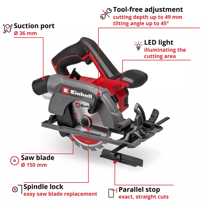 Пила дисковая аккумуляторная Einhell Professional TE-CS 18/150-2 Li-Solo 18В 4200об/мин 150х20мм LED подсветка 2.8кг без АКБ и ЗП