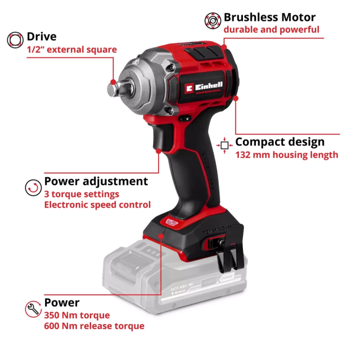Гайковерт ударный аккумуляторный Einhell Professional TP-CW 18/350-C Li BL-Solo 18В 350Нм 0-2400об/мин 1.03кг