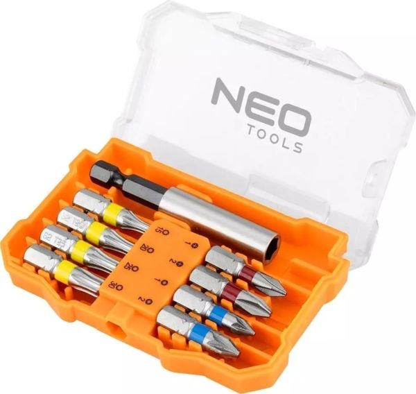 Биты Neo Tools, 1/4", битодержатель, PH, PZ, TH, 25мм, сталь S2, кейс, 8шт