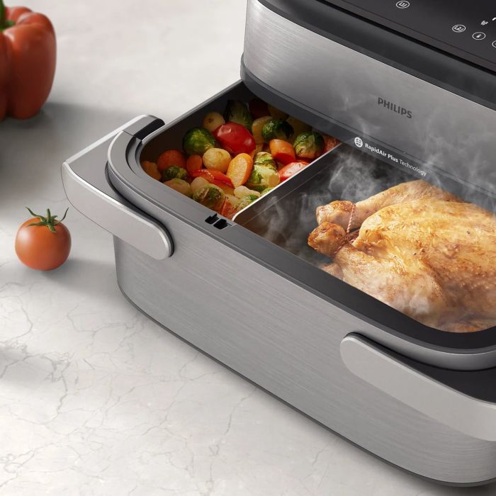 Мультипечь Philips Ovi Dual SteamFry 2750Вт, чаша-3+6л, сенсорное управл., 8 авто. программ. 2 кош., пластик/металл, серый