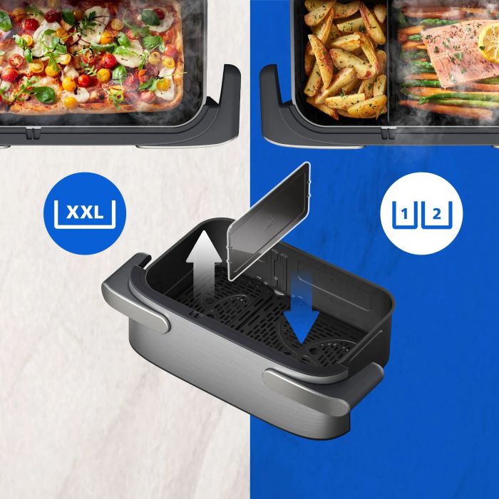 Мультипечь Philips Ovi Dual SteamFry 2750Вт, чаша-3+6л, сенсорное управл., 8 авто. программ. 2 кош., пластик/металл, серый