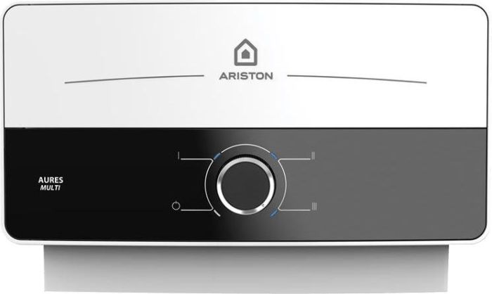 Водонагрівач електр. Ariston AURES M 7 EU проточний, 5л.хв, 7кВт, гор-ний монтаж, мех. кер-ння, A, біло-чорний