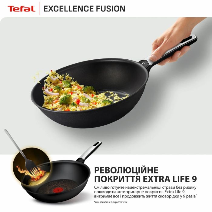 Сковорода ВОК Tefal Excellence Fusion, 28 см, алюминий, нержавеющая сталь, бакелит, чёрный