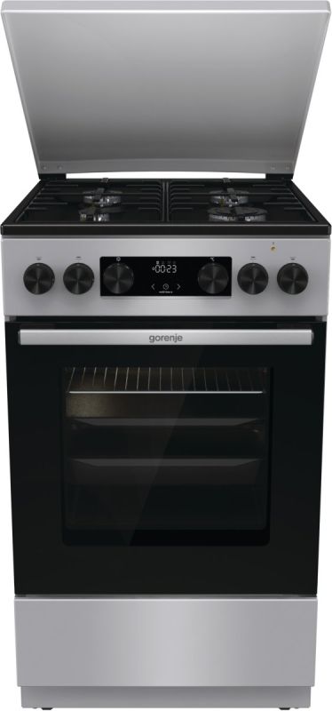 Плита Gorenje комбінована, 70л, 50x60см, метал. кришка, дисплей, IconLed, емальовані реш, титан