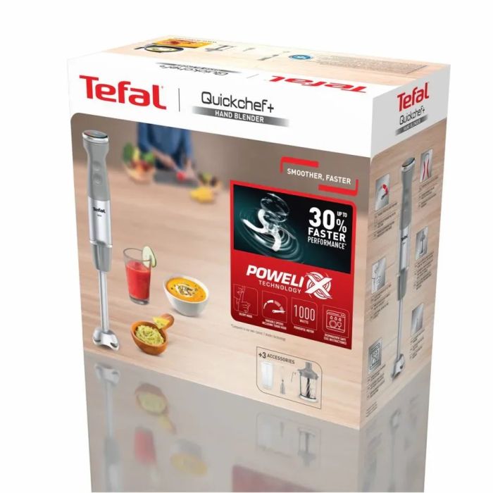 Блендер Tefal погружной Quickchef+ 1000Вт, 3в1, чаша-800мл, чопер-1000мл, турборежим, серебристо-серый