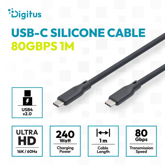 Кабель DIGITUS USB-C > USB-C заряджання/синхронізації, USB4 2.0, 80G, 240W, 16K, силіконовий, 1.5м, чорний