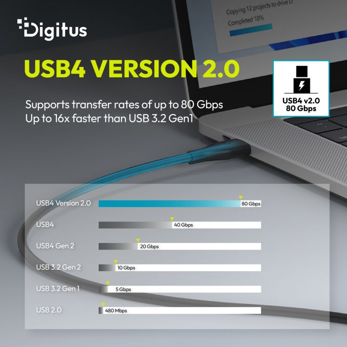 Кабель DIGITUS USB-C > USB-C заряджання/синхронізації, USB4 2.0, 80G, 240W, 16K, силіконовий, 1.5м, чорний