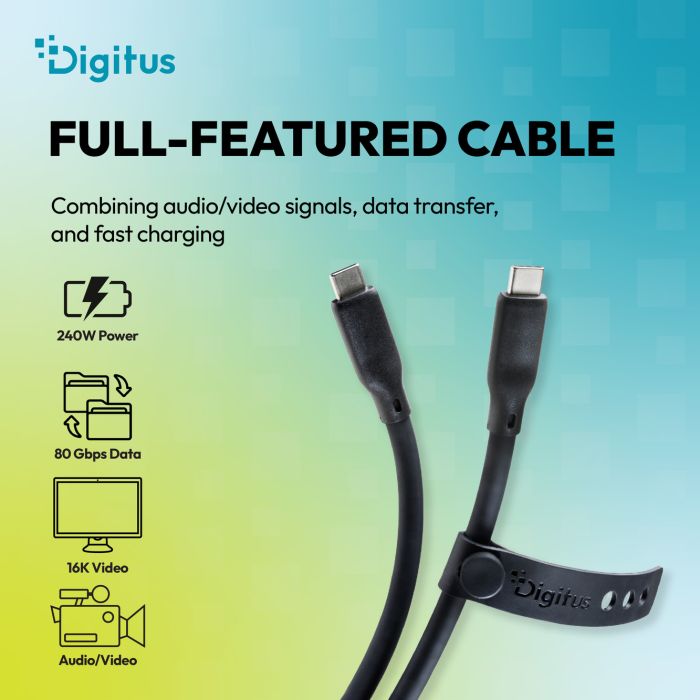 Кабель DIGITUS USB-C > USB-C заряджання/синхронізації, USB4 2.0, 80G, 240W, 16K, силіконовий, 1.5м, чорний