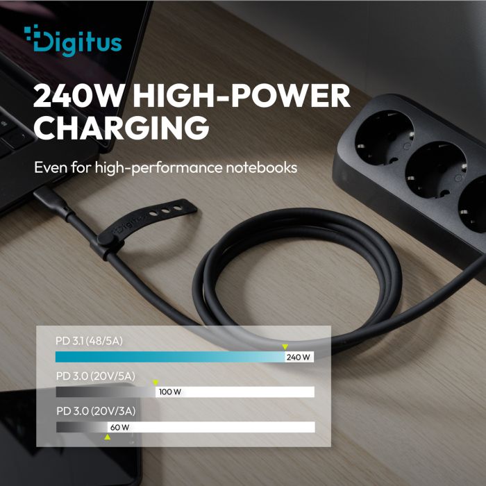 Кабель DIGITUS USB-C > USB-C заряджання/синхронізації, USB4 2.0, 80G, 240W, 16K, силіконовий, 1.5м, чорний