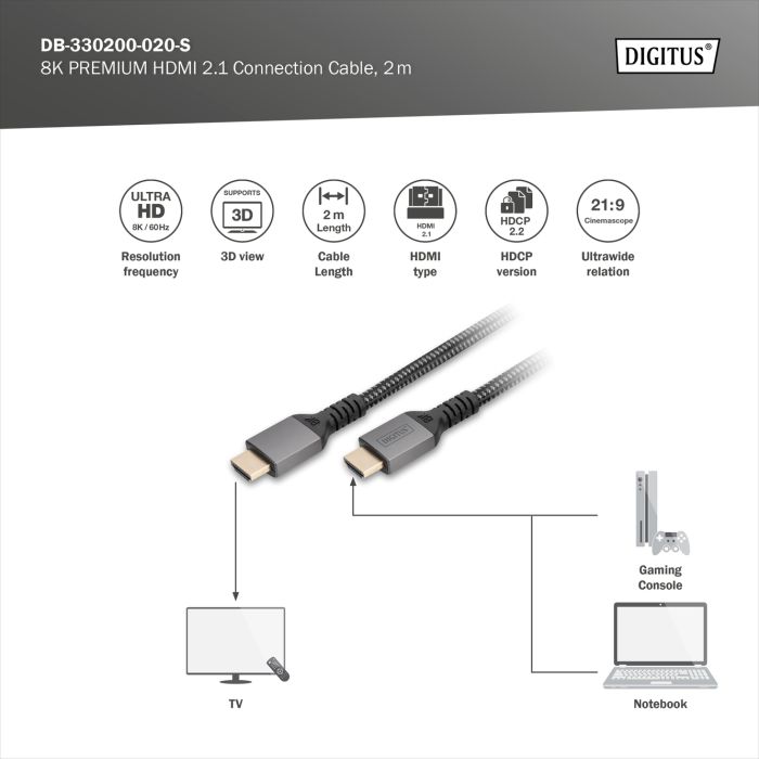 Кабель DIGITUS HDMI (M/M), 8K, Ultra High speed/Ethernet, 2м, черный