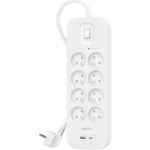 Подовжувач мережевий Belkin 2м, 8хТипE, 16А, USB-A/USB-C 18Вт, фільтр, білий