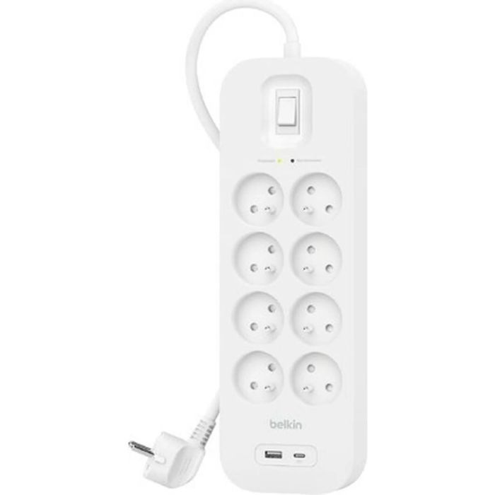 Удлинитель сетевой Belkin 2м, 8хТипE, 16А, USB-A/USB-C 18Вт, фильтр, белый