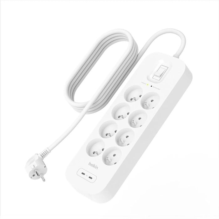 Подовжувач мережевий Belkin 2м, 8хТипE, 16А, USB-A/USB-C 18Вт, фільтр, білий