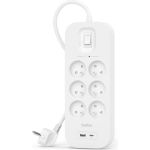 Подовжувач мережевий Belkin 2м, 6хТипE, 16А, USB-A/USB-C 18Вт, фільтр, білий
