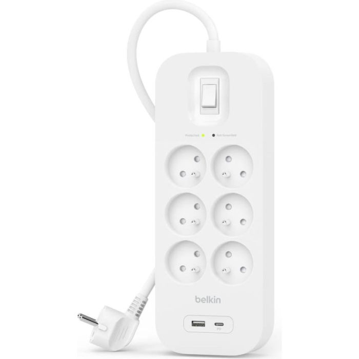 Подовжувач мережевий Belkin 2м, 6хТипE, 16А, USB-A/USB-C 18Вт, фільтр, білий