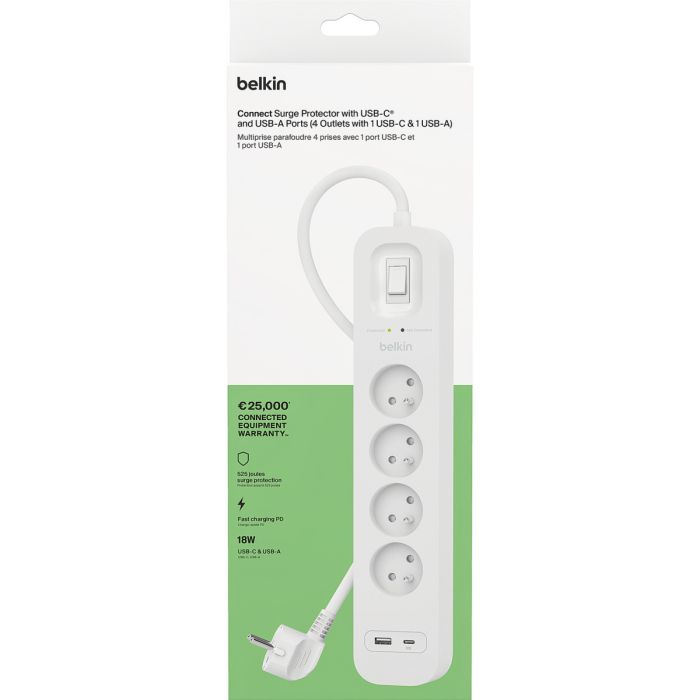 Удлинитель сетевой Belkin 2м, 4хТипЕ, 16А, USB-A/USB-C 18Вт, фильтр, белый