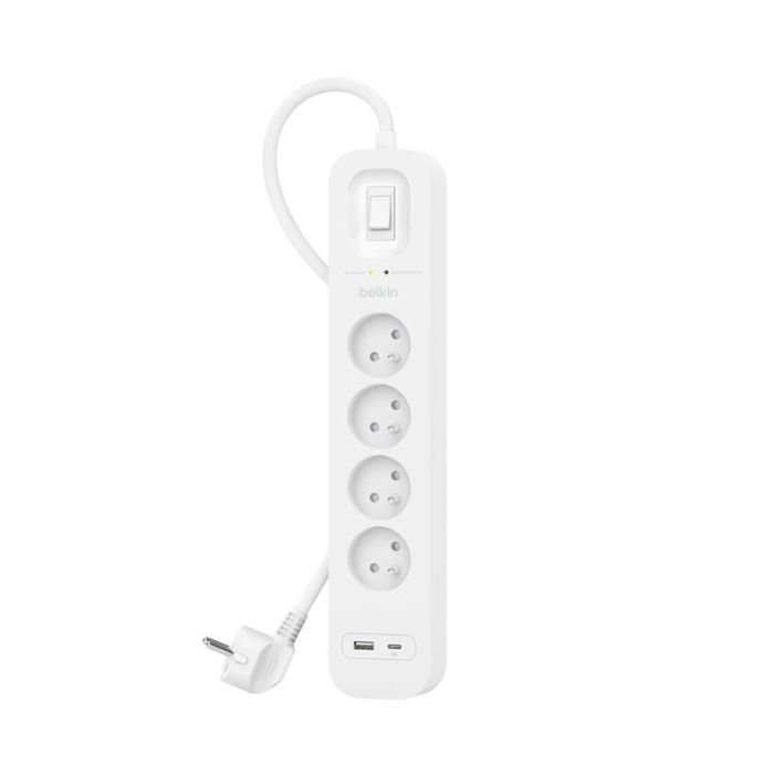 Подовжувач мережевий Belkin 2м, 4хТипE, 16А, USB-A/USB-C 18Вт, фільтр, білий