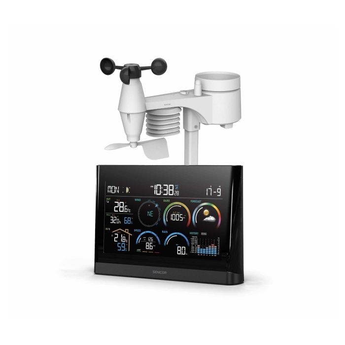 Метеостанція Sencor, внутр/зовн вимірювання, від мережі/AAx3+AAAx3, темп-ра, вологість, час, прогноз погоди, атмосферний тиск, шв. вітру, чорний