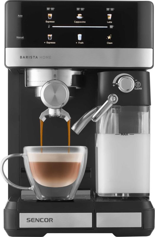 Кавоварка Sencor ріжкова 1.8л, мелена, автоматичний капучинатор, LCD-дисплей, нерж. сталь-чорний