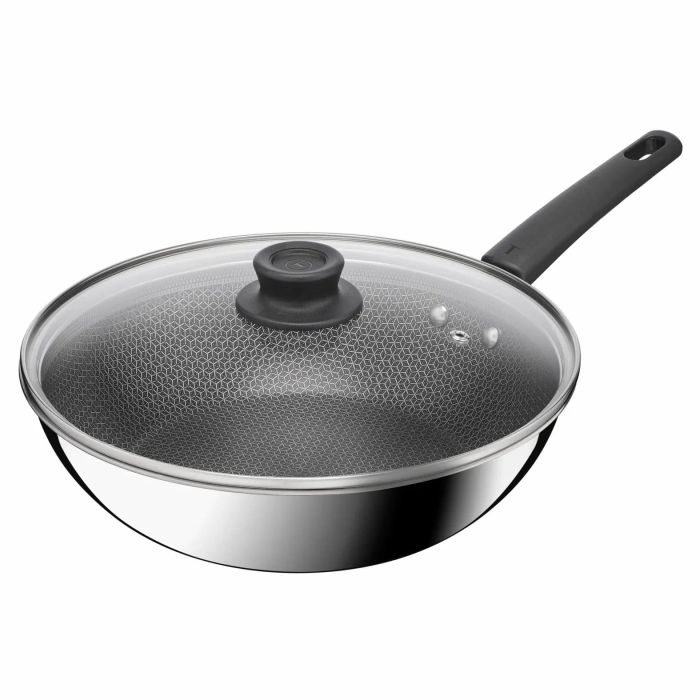 Сковорода WOK Tefal Emotion+ Power, с крышкой, 28см, нержавеющая сталь, алюминиевая сердцевина, хромированная сталь, бакелит, стекло