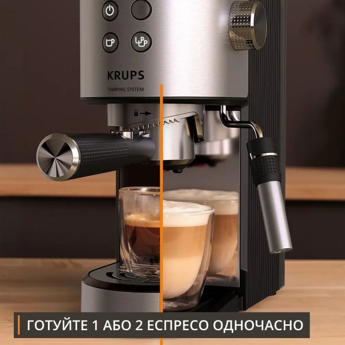 Кавоварка Krups ріжкова Virtuoso+ Tamping System 1л, мелена, ручний капучинатор, 15 бар, сірий