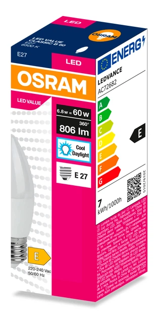 Лампа OSRAM LED E27 6.8Вт 3000К 806Лм В60 VALUE