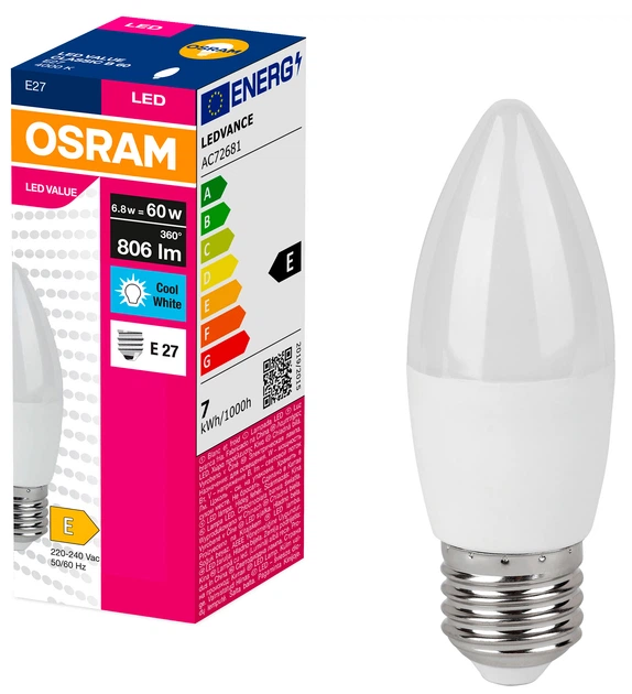Лампа OSRAM LED E27 6.8Вт 3000К 806Лм В60 VALUE