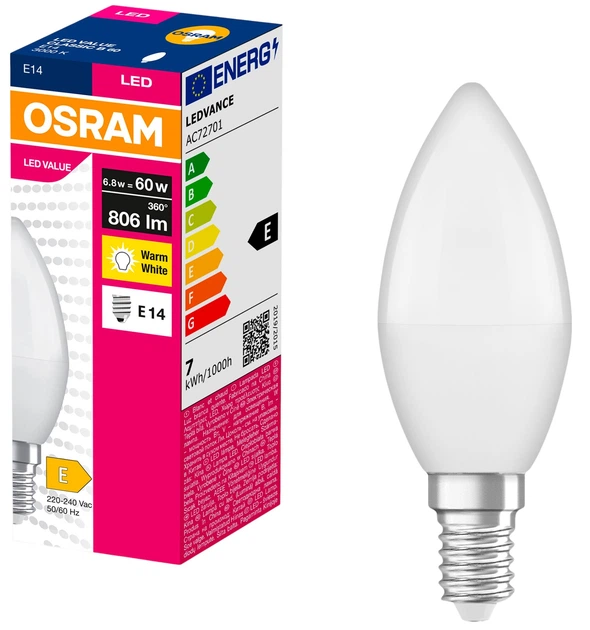 Лампа OSRAM LED E14 6.8Вт 3000К 806Лм В60 VALUE