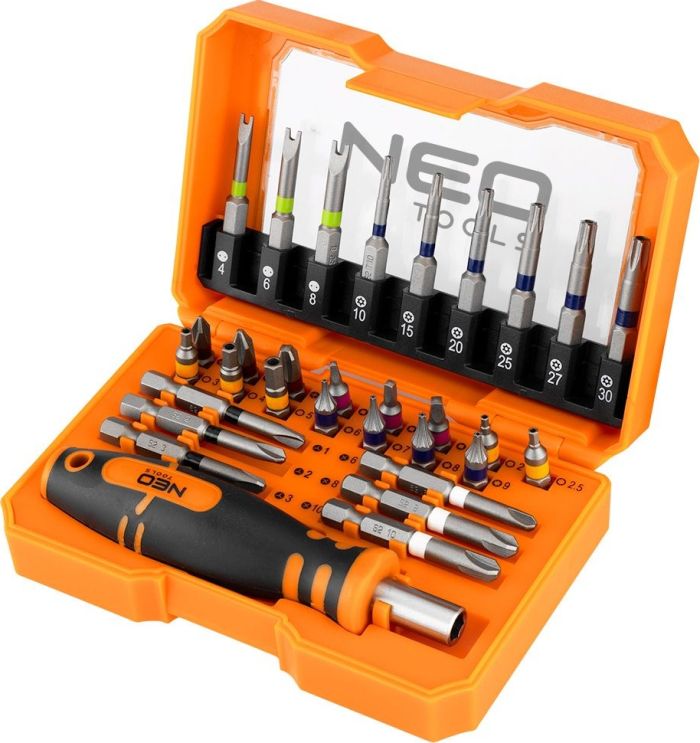 Биты Neo Tools 1/4", битодержатель, PH, R, HT, TT, кейс набор 31шт