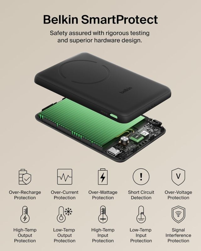 Акумулятор портативний літій-іонний Power Bank Belkin 5000мА·год, 15Вт/Qi2 7.5Вт, Slim Magnetic Ring, чорний