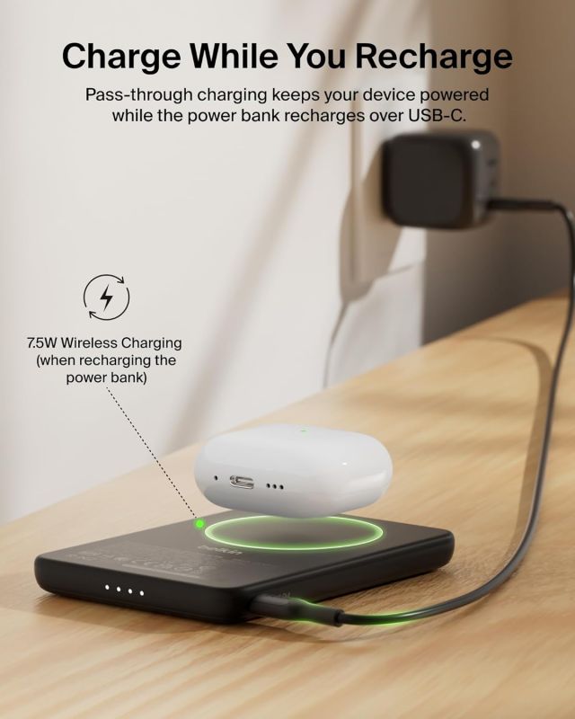 Акумулятор портативний літій-іонний Power Bank Belkin 5000мА·год, 15Вт/Qi2 7.5Вт, Slim Magnetic Ring, чорний