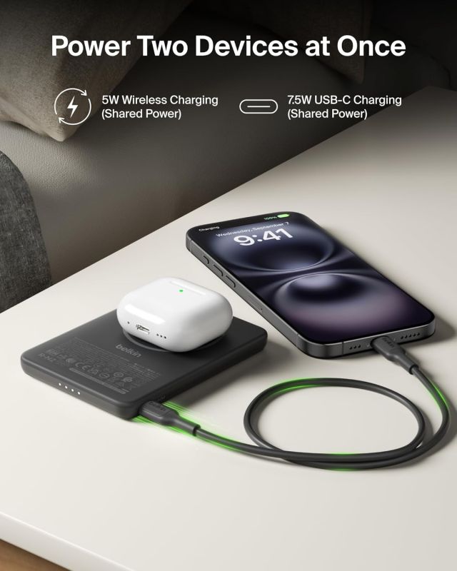 Акумулятор портативний літій-іонний Power Bank Belkin 5000мА·год, 15Вт/Qi2 7.5Вт, Slim Magnetic Ring, чорний