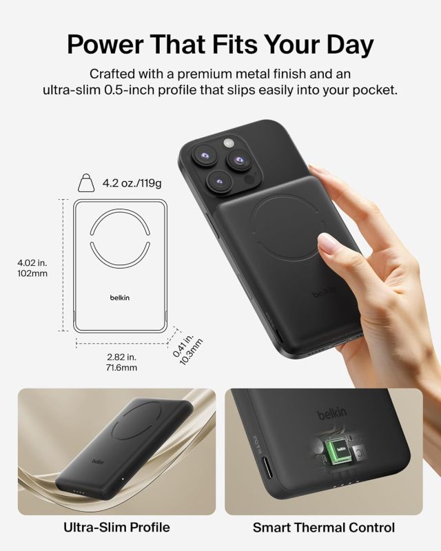 Акумулятор портативний літій-іонний Power Bank Belkin 5000мА·год, 15Вт/Qi2 7.5Вт, Slim Magnetic Ring, чорний