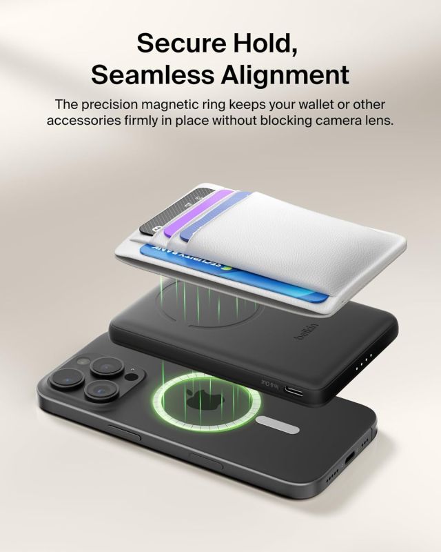 Акумулятор портативний літій-іонний Power Bank Belkin 5000мА·год, 15Вт/Qi2 7.5Вт, Slim Magnetic Ring, чорний