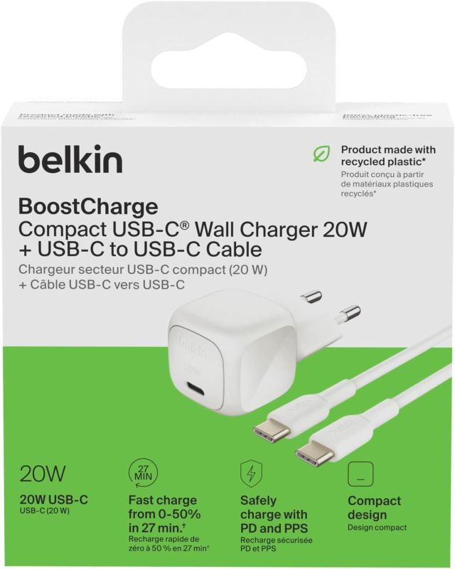 Зарядное устройство сетевое Belkin 20Вт USB-С PD PPS, кабель USB-С > USB-С, 1м, PVC, белый