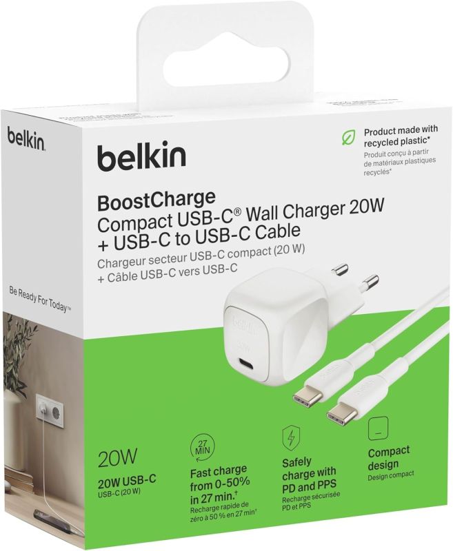Зарядное устройство сетевое Belkin 20Вт USB-С PD PPS, кабель USB-С > USB-С, 1м, PVC, белый