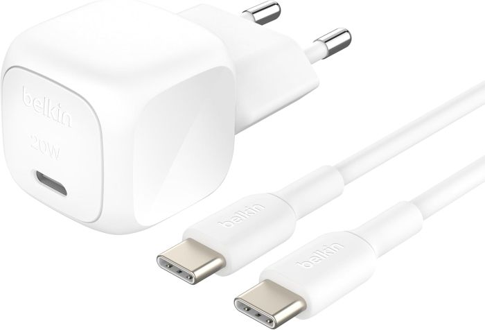 Зарядний пристрій мережевий Belkin 20Вт USB-С PD PPS, кабель USB-С > USB-C, 1м, PVC, білий