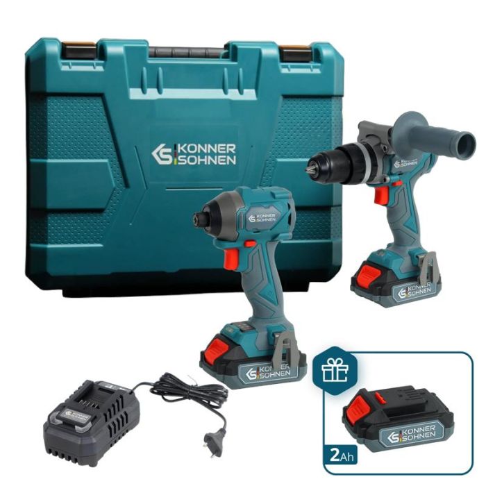 Набор из двух аккумуляторных инструментов Konner&Sohnen KS IDISD 20V SET 2 PLUS 20В шуруповерт-дрель ударная, вертолет ударный KS ISD20V-260-4, ЗП 2А акб 2х2А·час кейс 6кг