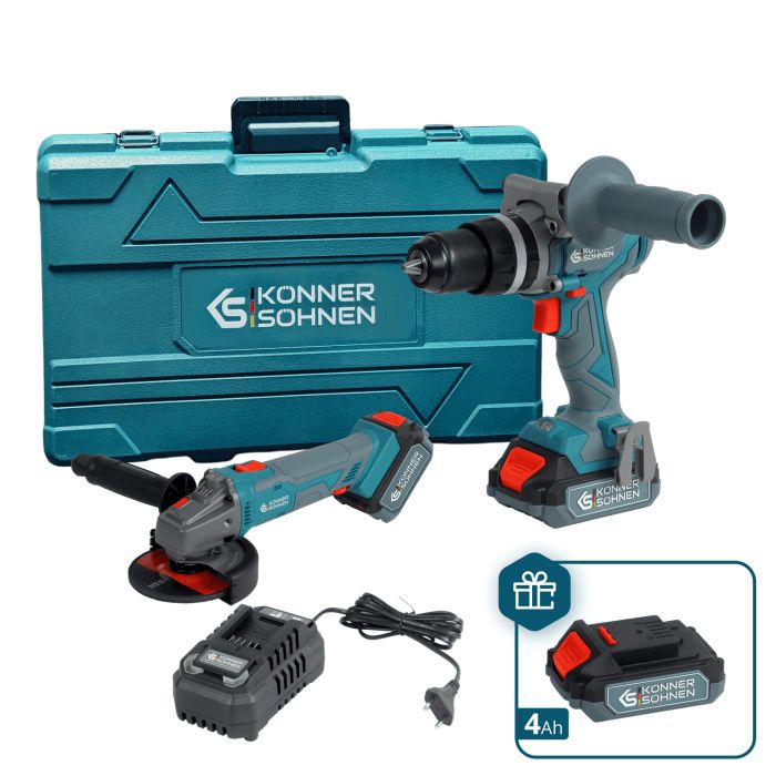 Набор из двух аккумуляторных инструментов Konner&Sohnen KS IDAGB 20V SET 1 PLUS 20В шуруповерт-дрель ударная, шлифмашина угловая KS AGB20V-125VR, ЗУ 2.4А акб 1х2А·час+1х4А·час кейс.