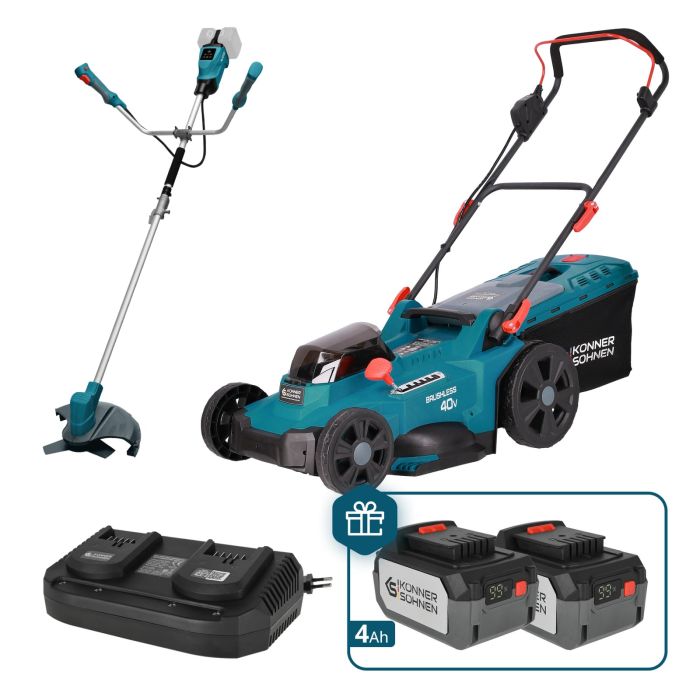 Набор из двух аккумуляторных инструментов Konner&Sohnen KS 43LM-BCT40V-SET 40В(20+20В) газонокосилка KS 43LM-40V и триммер садовый KS BCT-40V акб 2х4А·час ЗП 22.5кг