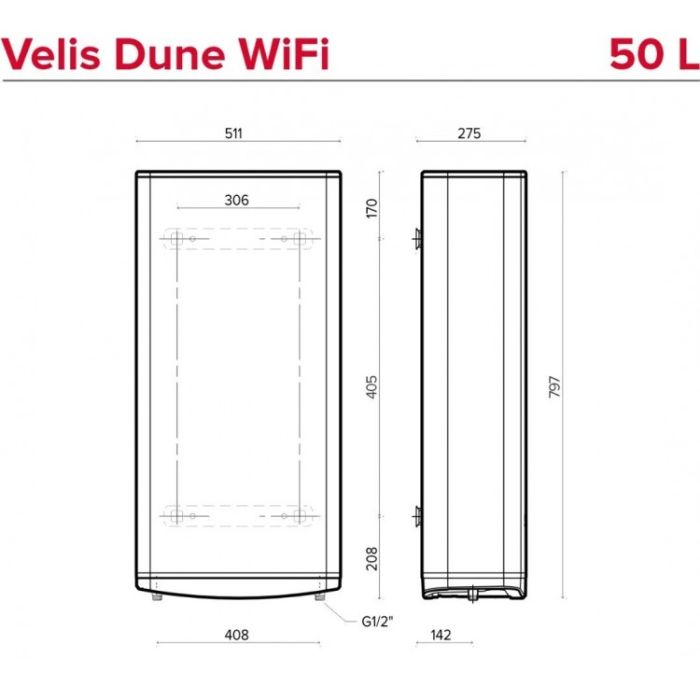 Водонагреватель электрический Ariston VELIS DUNE WIFI 50 EU плоский, слим, 50л, 2*1,5 кВт, эмал-ный нагр.эл., ун. монтаж, эл. упр-ние, B, Италия, белый