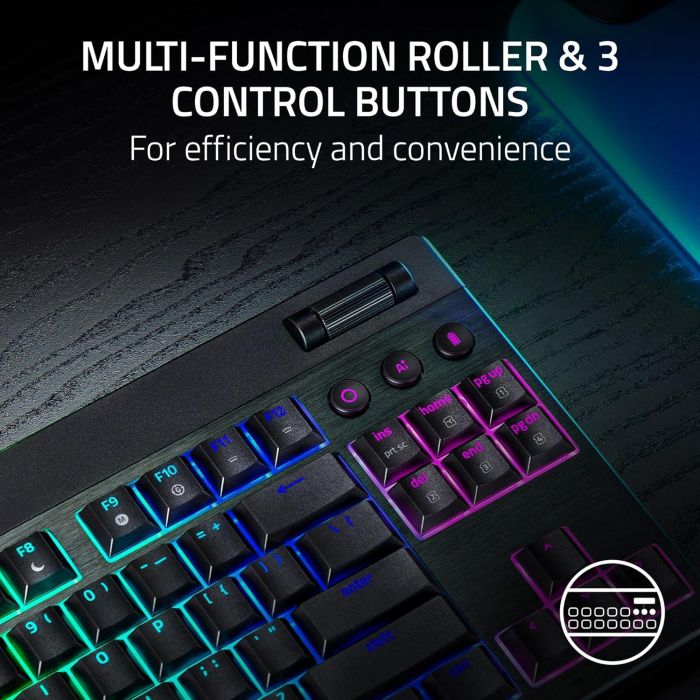 Клавиатура механическая Razer BlackWidow V4 Low-profile TKL HyperSpeed, 87key, Green Switch, USB-A/WL/BT, EN, RGB, чёрный